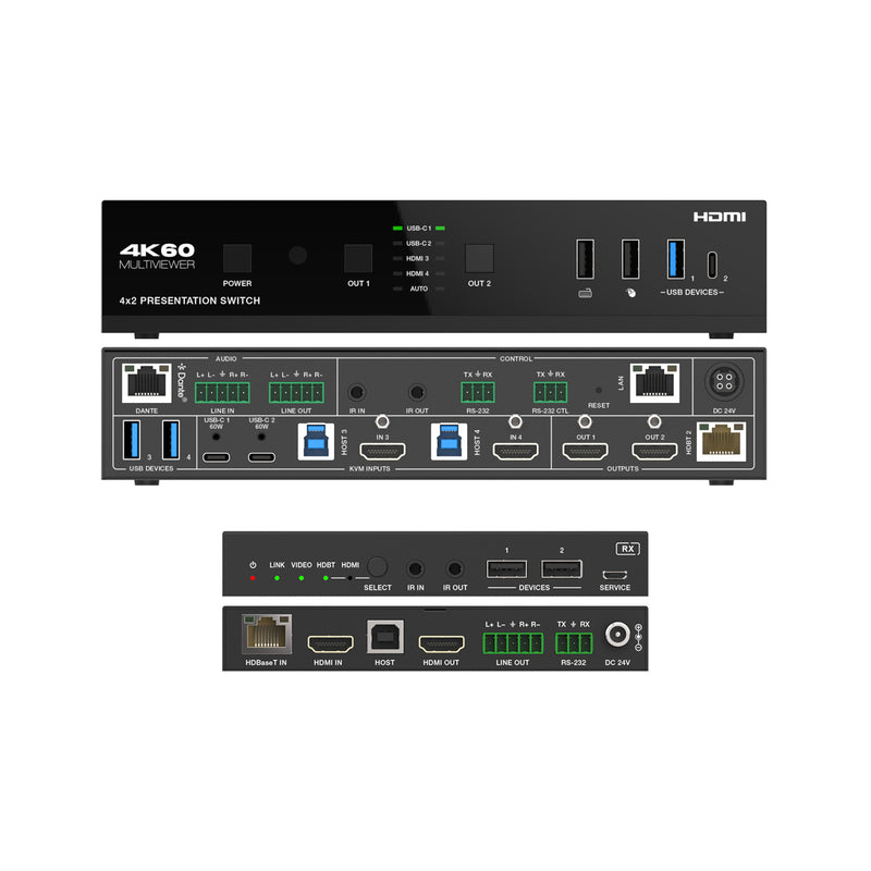 4K 4x2 Seamless Presentation Switcher / Extender with USB-C & HDMI Inputs & Dante