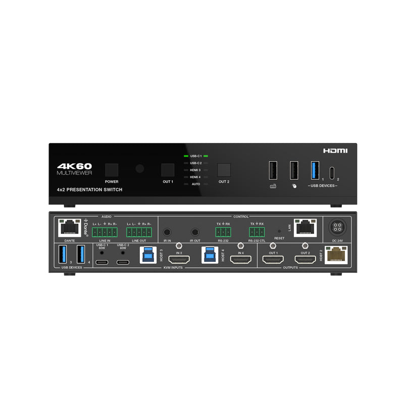 4K 4x2 Seamless Presentation Switcher / Extender with USB-C & HDMI Inputs & Dante