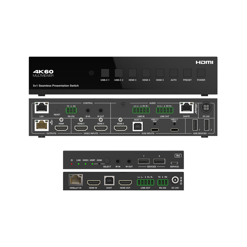 Seamless Presentation Switcher/Scaler/Extender with USB-C & HDMI Inputs & Dante