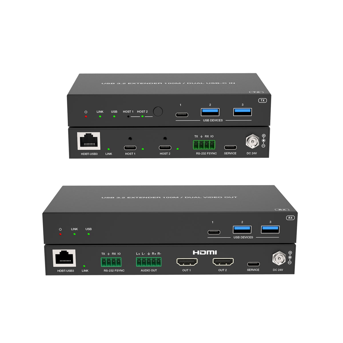 2-Host USB-C & USB 3.2 Gen 1 100m Extender over HDBaseT with 2 HDMI Ou
